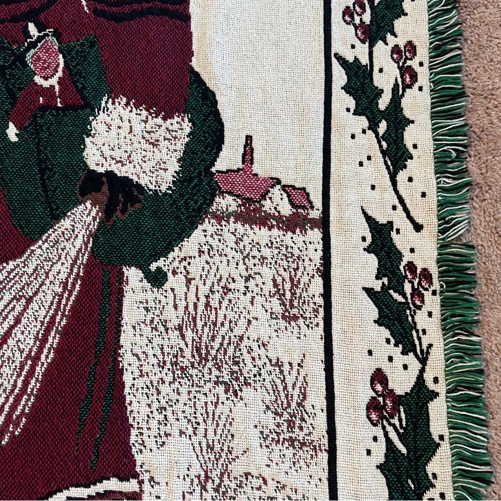 Festive Holiday Tapestry Throw blanket cover with Santa Carrying Tree 44” x 69”